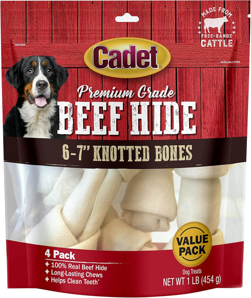 Cadet Premium Grade Beef Hide for Dogs, 6"-7" Long Lasting Rawhide Knotted Bones, 4 Pack
