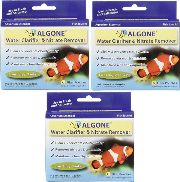 Algone Aquarium Water Clarifier & Nitrate Remover, 18 Filter Pouches, 3 Packages with 6 per Package