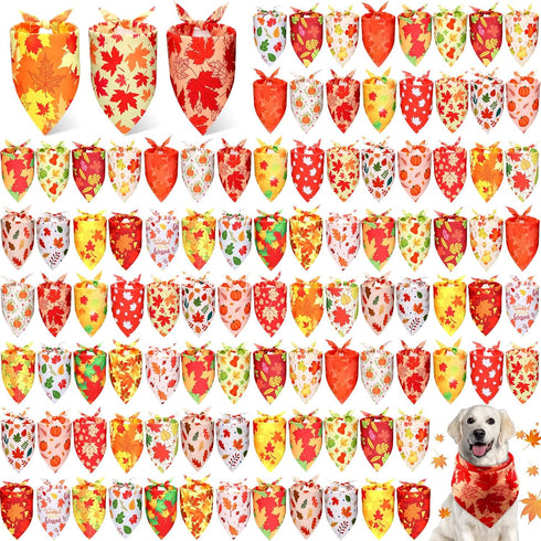 Preboun 100 Pcs Fall Thanksgiving Dog Bandanas Bulk Pumpkin Maple Leaves Bandanas