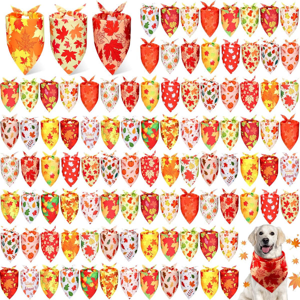 Preboun 100 Pcs Fall Thanksgiving Dog Bandanas Bulk Pumpkin Maple Leaves Bandanas