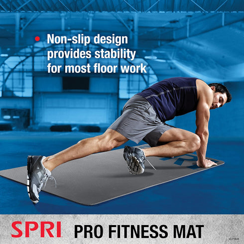 SPRI 12mm Pro Fitness Mat - Thick Exercise Mat for Floor Workouts, Non-Slip, Cushioned, Portable with Carrying Strap