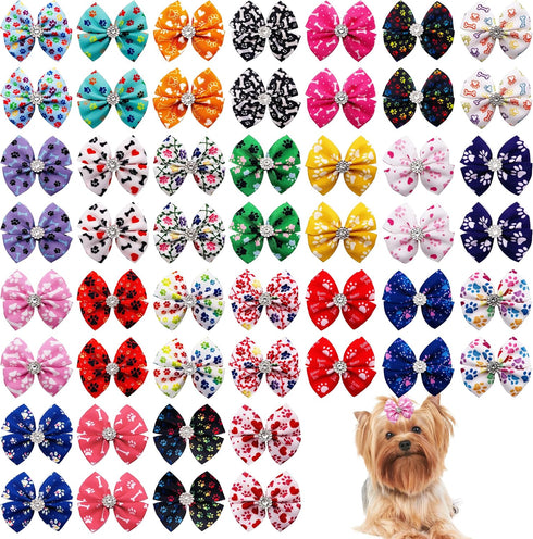 PET SHOW 50Pcs/25Pairs Paw Pattern Small Dog Hair Bows Bulk with Rubber Bands for Medium Dogs Cats, Puppy Shih Tzu