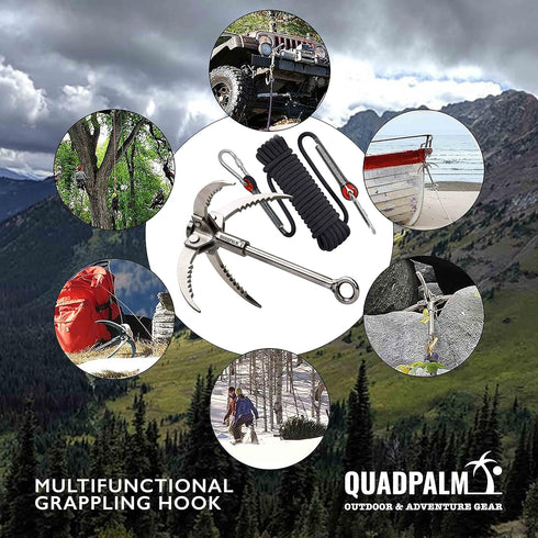Multifunctional QUADPALM Grappling Hook with 10m Rope - Heavy Duty Stainless Steel Folding Claws for Climbing