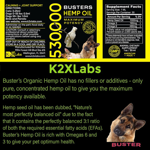 530,000 2pack 2month 3 6 9 Busters Organic Hemp Oil Supply for Dogs and Cats Made in USA Omega Rich and Hip & Joint