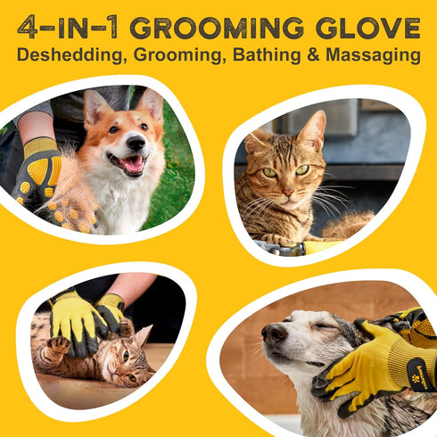 Pet Grooming and Bathing Gloves, Effective Hair Remover for Cats, Dogs & Horses, Deshedding Gloves