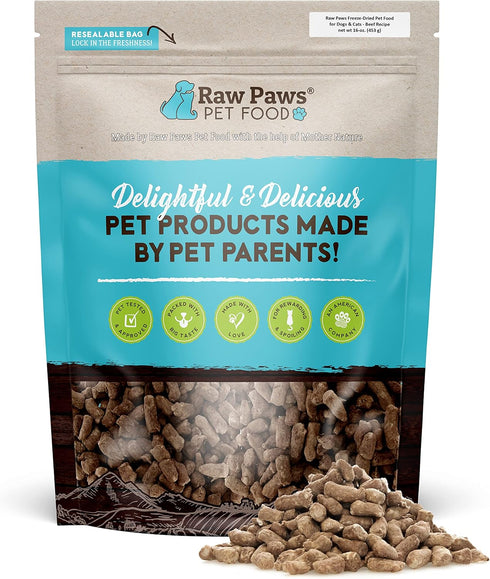 Raw Paws Freeze Dried Dog & Cat Food, Beef Recipe, 16-oz, Made in USA, Freeze-Dried