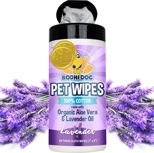 Bodhi Dog Pet Wipes, Lavender, 60CT - Thick & Large Wipes for Dog Grooming, No Parabens or SLS, Deodorizes Coat