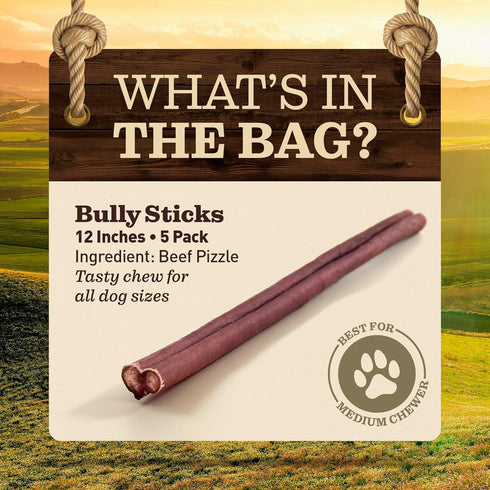 EVER FARM (12", 5 Pack) 100% Pet Odor-Free Standard Bully Sticks Grass-Fed Beef Pizzle Dog Chews, Fully Digestible