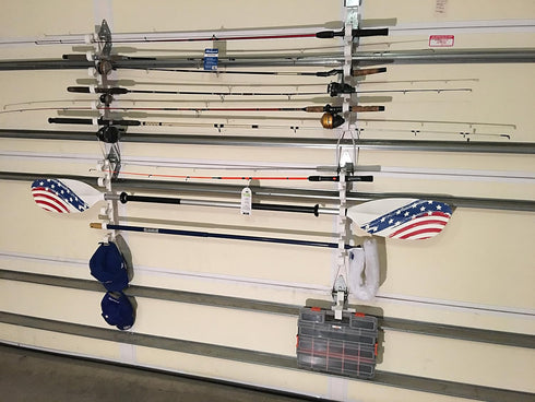 Storage Rack for Garage Doors with Hooks for Fishing Rods, Kayak Paddles, and More