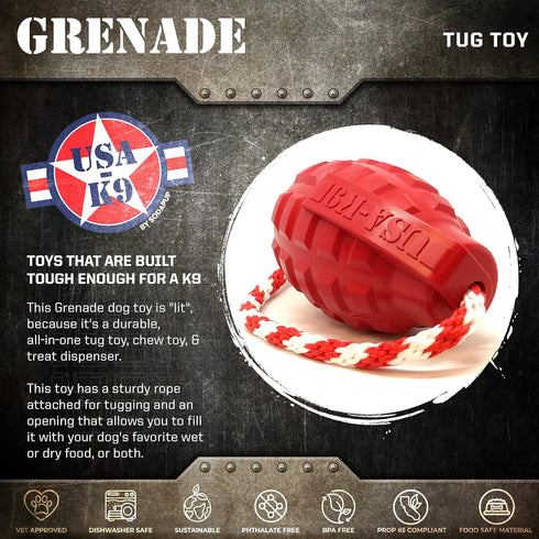 SodaPup USA-K9 Grenade – Durable Dog Tug Toy, Chew Toy & Treat Dispenser Made in USA from Non-Toxic Natural Rubber