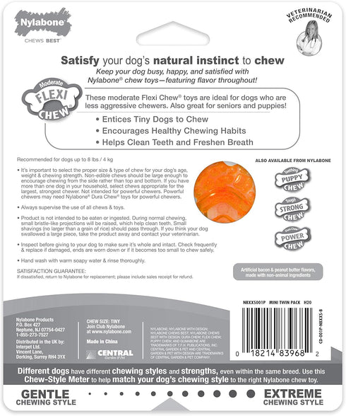 Nylabone Peanut Butter & Bacon Flexi Chew Bone – Moderate Chew – XX-Small/Tiny (2 Count).