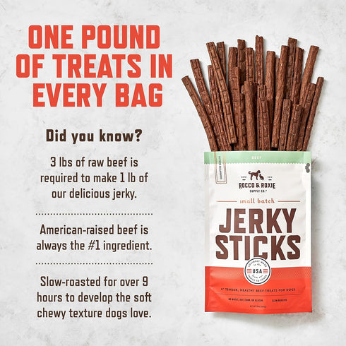 1 lb Rocco & Roxie Beef Jerky Dog Treats | Soft Training Snacks Made in USA | High Value Beef Jerky for Dogs, Small