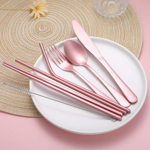 Portable Stainless Steel Flatware Set, Travel Camping Cutlery with Waterproof Case, Pink, Portable Utensil Dinnerware