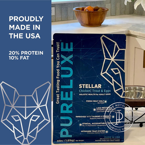 PURELUXE Grain and Gluten Free Dog Food, Stellar Elite Nutrition, Chicken, Trout, Eggs, 4lbs, Made in USA
