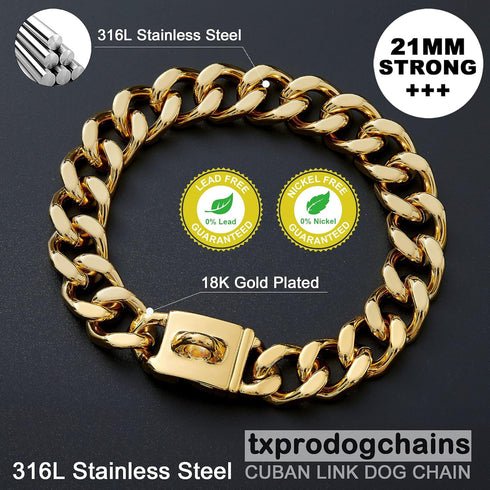 txprodogchains Big Dog Chain Collar with Buckle, Heavy Duty 21MM Thick Stainless Steel 18K Gold for Large Dogs (24")