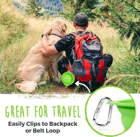 Mighty Paw Travel Dog Bowl Set, Silicone Food & Water Bowls, Bonus Carabiner Clip, Lightweight, Leak-Proof, Green