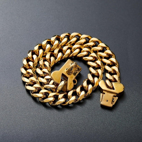15mm Wide Strong Stainless Steel Bone Style Buckle Gold Dog Chain Collar - 18K Gold Plated Cuban Link for Medium Large