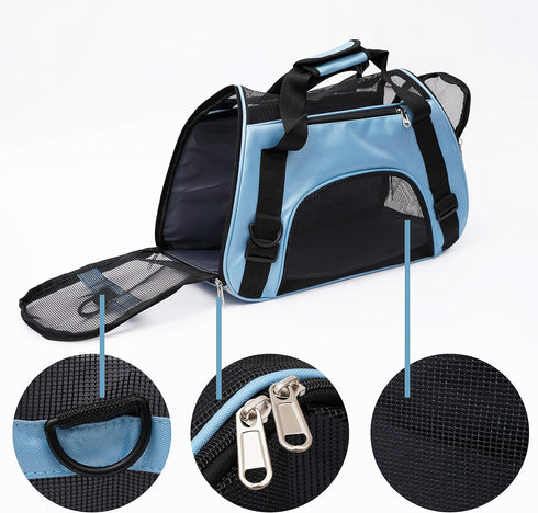 Pet Carrier Soft-Sided for Small Medium Cats & Dogs, Airline Approved up to 15 lbs, Blue (Small)