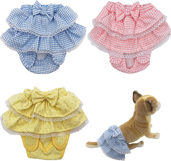 Dog Skirt Diaper for Female Cats - Sanitary Pant Dress Ruffles Cotton (Medium: Waist 8" - 10", Pack of 3 Colors)