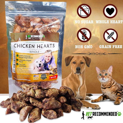 Premium Whole Chicken Hearts for Dogs and Cats - 5oz Bag Freeze Dried Natural Dog Treats, Human Grade