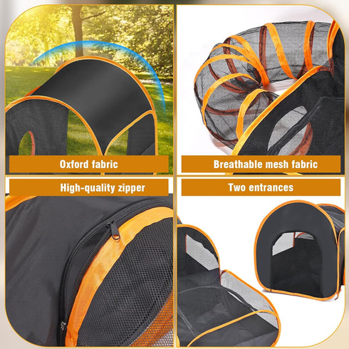 2-Linked-Enclosed Portable Cat Playpen with Surround Tunnel, Areas, Ideal Cat Tent Outdoor or Cat Playpen for Indoor