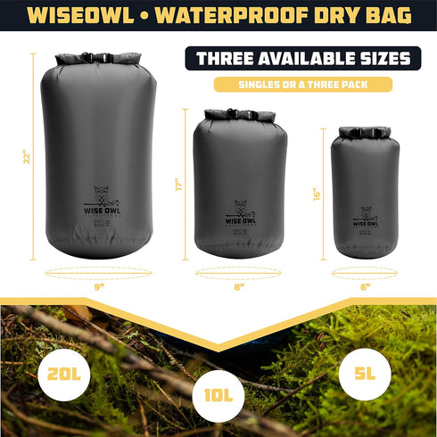 Wise Owl Outfitters Waterproof Dry Bag, Fully Submersible Airtight Bags, 1pk or 3pk, 5L, 10L & 20L