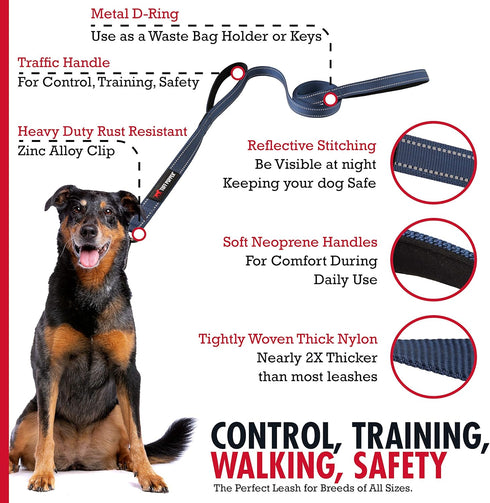 Tuff Pupper Heavy Duty Double Handle Dog Leash, Twist Locking Carabiner Clip, Reflective for Safe Night Walks