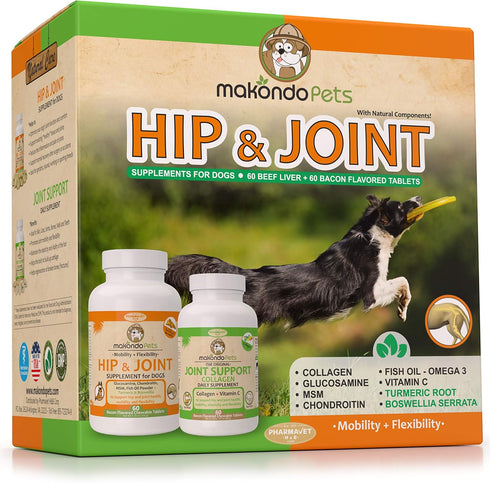Hip and Joint Supplement for Dogs with Glucosamine, Chondroitin, Turmeric, Collagen, MSM - 120 Tabs