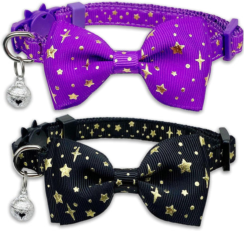 2 Pack Cat Collar with Bow Tie and Bell, Breakaway Starshine Collar for Male Female Cats (Black+Purple)