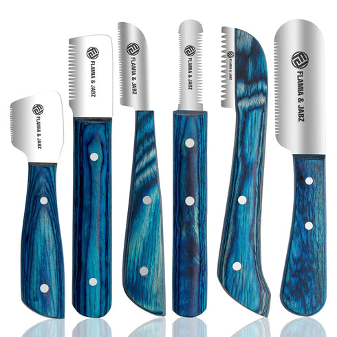 FJ Professional Stripping Knife Kit for Dogs & Pets - 6 Pieces Set, Wooden Handle Grip, Stainless Steel Blade
