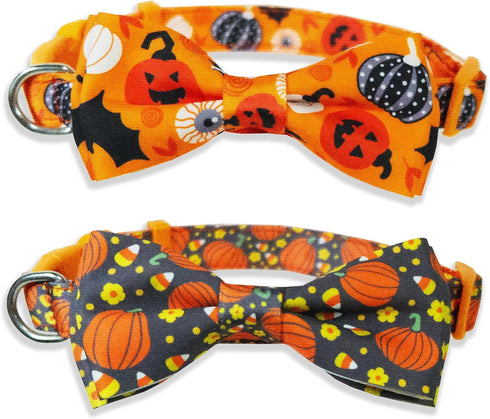 Halloween Dog Collar with Bow Tie, 2 Pack Holiday Pumpkin Ghost Collar for Boys and Girls Small Medium Large Pets