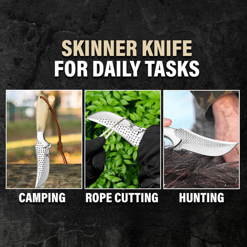 Handmade Cowboy Skinning Hunting Knife with Leather Sheath - Outdoor Camping Hiking Rasp Knife - Stainless Fixed Blade