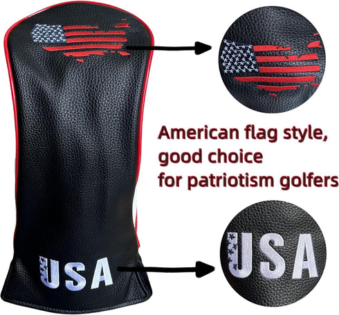Golf Club Covers, 3 Pack Head Covers for Driver and Woods, USA Flag Driver & 3 Wood Headcovers