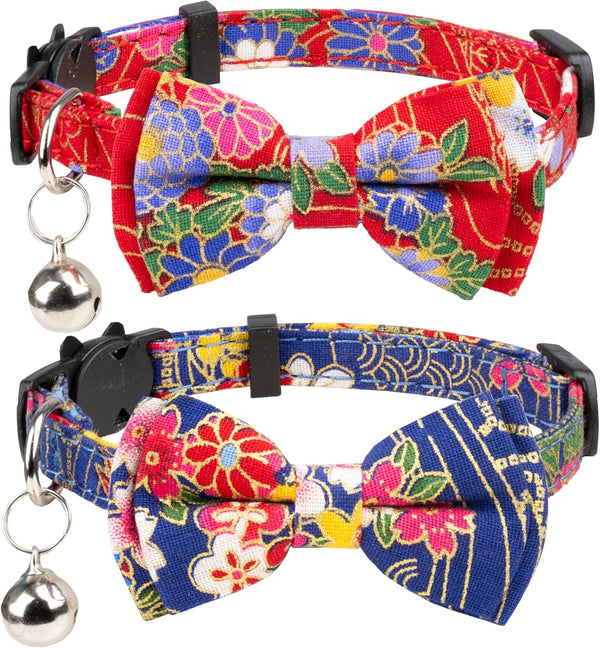Breakaway Cat Collar with Bell and Detachable Bowtie, Adjustable Safety Kitten Puppy 2pcs Navy Blue & Red