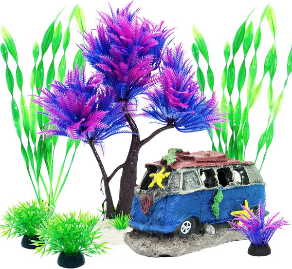 6PCS Fish Tank Aquarium Decorations, Plastic Plants with Resin Cave Rock for Fish Hideout (Purple Set)