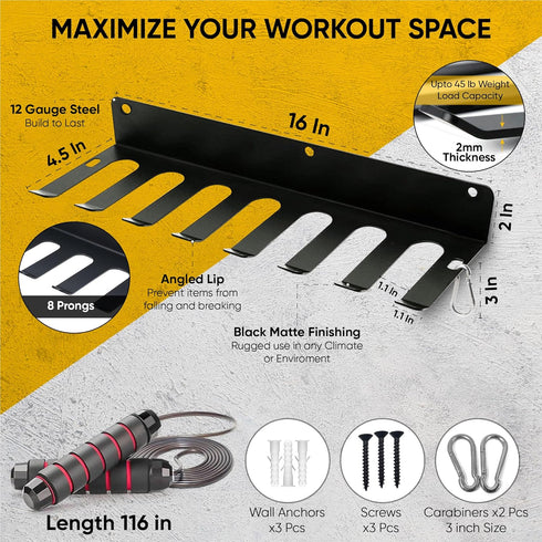 Heavy-Duty Gym Storage Rack + Jump Rope, Barbell Wall Mount, Gym Organizer, Gym Wall Storage, Weight Plate Wall Mount, Gym Hooks, Barbell Holder Wall Mount, Cable Attachment Storage, Wall Mounted Dumbbell Rack by Xdunk