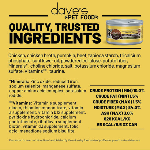 2.8 oz (24 Pack) Dave's Pet Food Grain Free Wet Cat Food (Shredded Chicken & Beef in Gravy), Naturally Healthy Canned