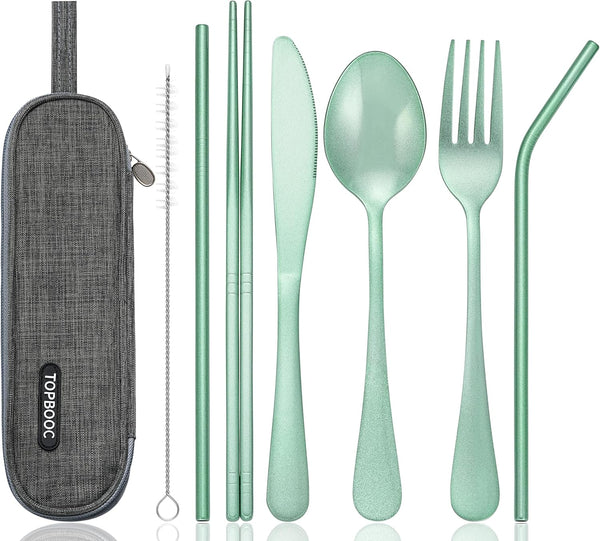 Portable Stainless Steel Flatware Set, Travel Camping Cutlery with Waterproof Case, Green