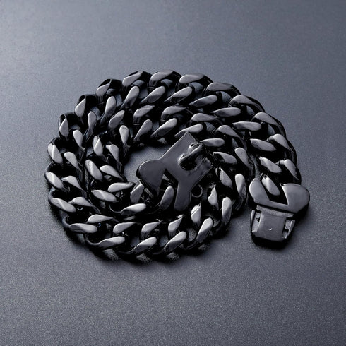 Cuban Black Link Heavy Duty Dog Collar, 10inch-26inch Wide Stainless Steel Luxury ID Name Tag Necklace