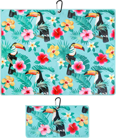 Fun Golf Towel Set of 2, Microfiber Waffle and Ball Towels for Golf Bags, Tropical Toucan Bird Accessories
