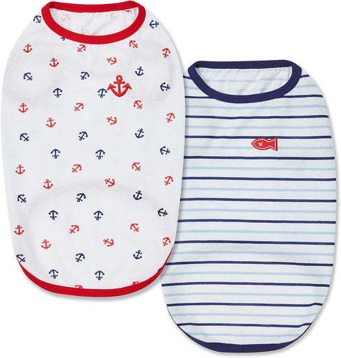 Blueberry Pet Summer Vacation Beach Dog T-Shirts, 2 Pack, Sea Lover Navy Sailor Tank Top, Back Length 10", for Small