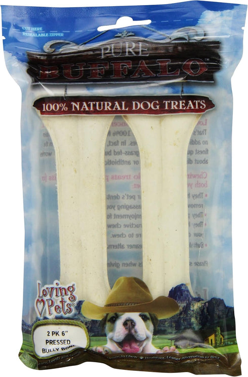 Loving Pets Pure Buffalo 6-Inch Pressed Bully Bone Dog Treat, 2-Pack