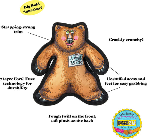 FUZZU Durable Dog Toy with Squeaker, Tough Chew Toy, Wild Woodies - A Bear Named Pierre, Medium 9"