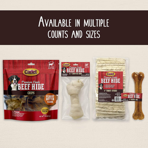 Cadet Premium Grade Beef Hide for Dogs, Long Lasting Rawhide Chews, Chips, Curls & Rolls