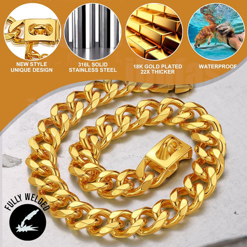 15mm & 19mm Thick Dog Chain Collar with Quick Release Buckle, 18K Gold Chain for Small, Medium, Large Dogs (19MM, 20")