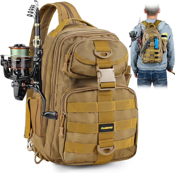 PLUSINNO Water-Resistant Fishing Backpack Tackle Bag with Rod Holder, Ideal Fishing Gifts for Men