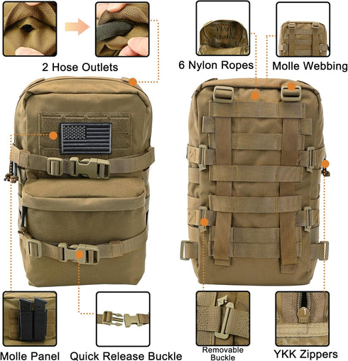 Tactical Mini Molle Hydration Pack, Water Resistant Hydropack with US Flag for Tactical Vest Backpack
