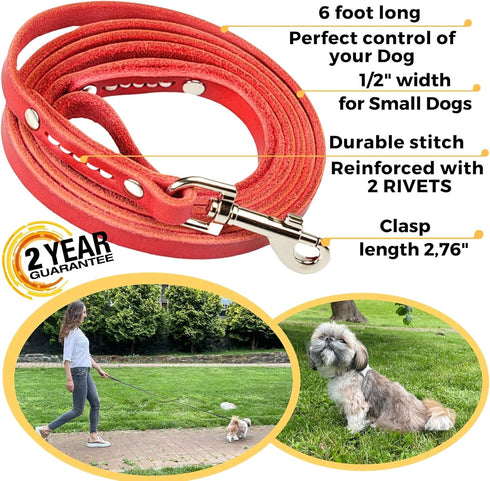 ADITYNA Premium Leather Dog Leash - 6 ft, Heavy-Duty, Soft & Strong for Small/Medium Dogs (Red, 6 ft x 1/2")