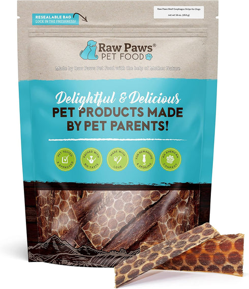 Raw Paws 6-inch Beef Esophagus Dog Treats, 16-Ounce - Free Range Beef Gullet Sticks - Dog Taffy Chews