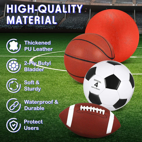 4 Set Deekin Pcs Sport Balls for Kids Teens, Include Official Size Basketball Soccer Football Playground Ball and Pump
